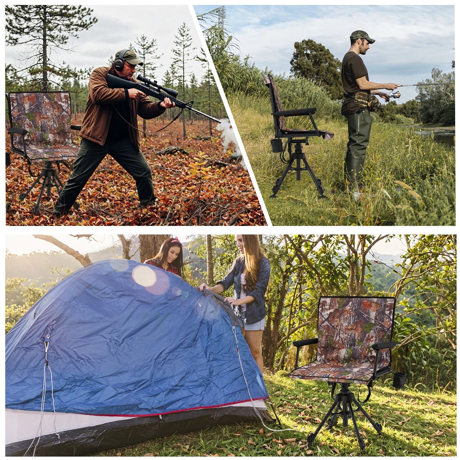 AECOJOY 360 Degree Silent Swivel Hunting Blind Chair with Bottle Rack, Adjustable Height Camo Portable Foldable Outdoor Hunting and Fishing Chair