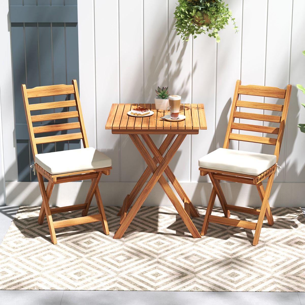 Acacia Wood Outdoor Bistro Set Folding Chairs and Table Set High Back Armless Seat Cushions White -