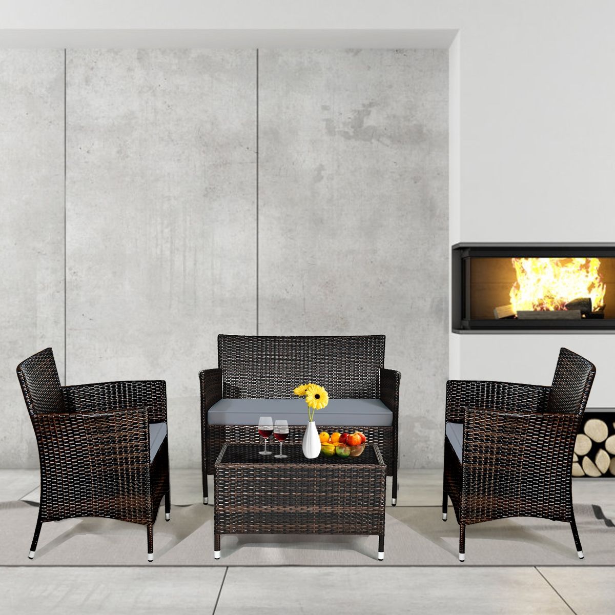 Garden Furniture 4 PCS PE Rattan Terrace Furniture for Veranda Patio Terrace Swimming Pool Brown and Gray -