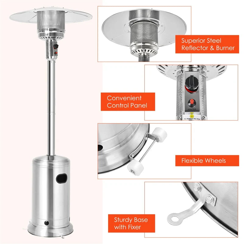 50, 000 BTU Propane Patio Heater, Standing Stainless Steel Outdoor Heater with Wheels, Triple Protection - Product image 19