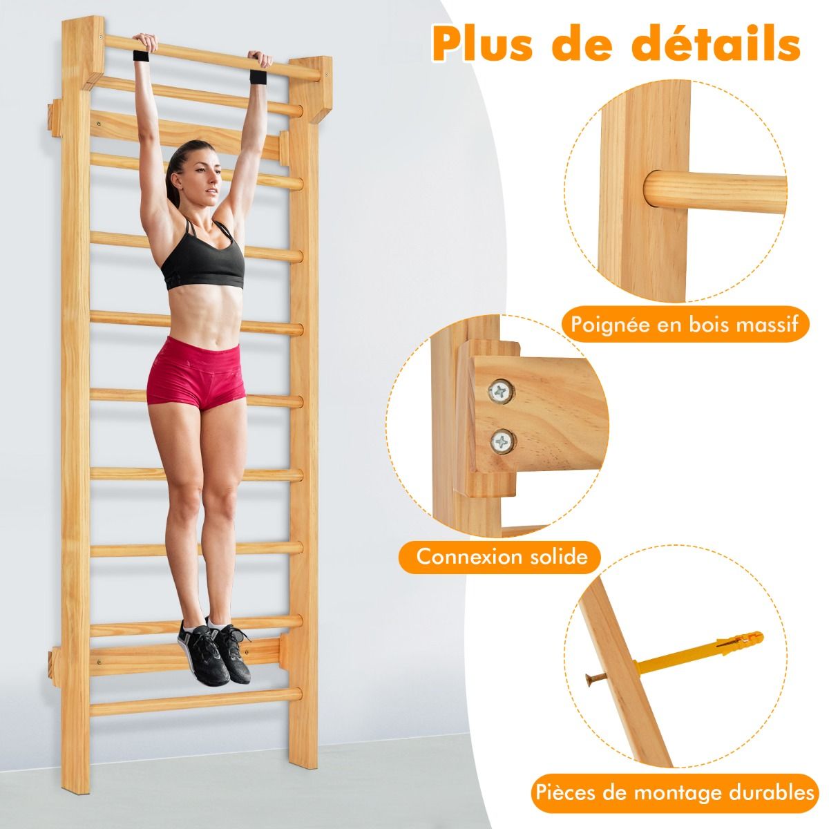 Wall-mounted wall bars Gymnastics wall bars Capacity 150 kg Bar diameter 3.3 cm in pine wood 195x80x14cm Natural -
