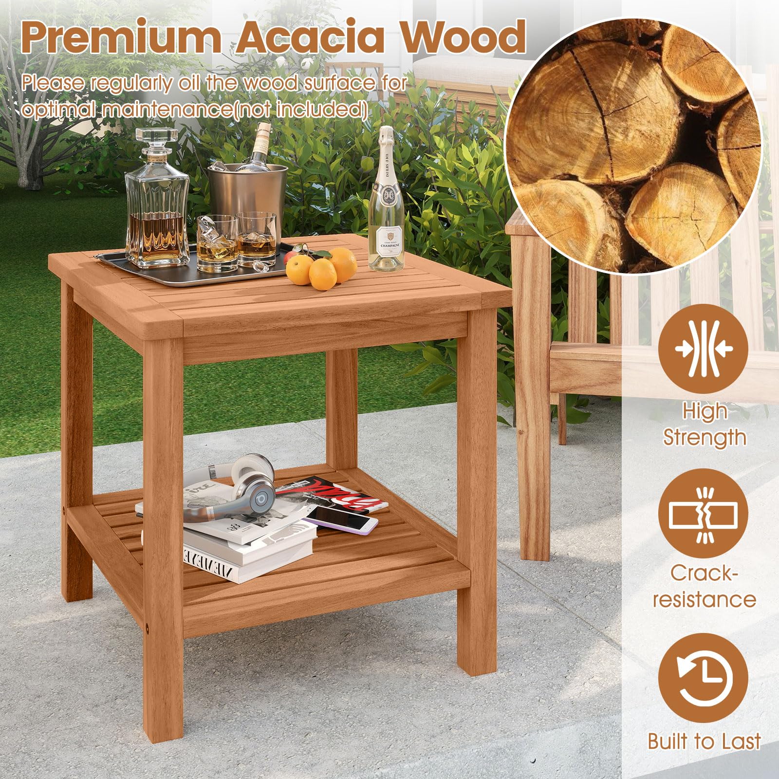 Tangkula 2 Tier Acacia Wood Square End Table with Slatted Tabletop & Storage Shelf - Product image 4