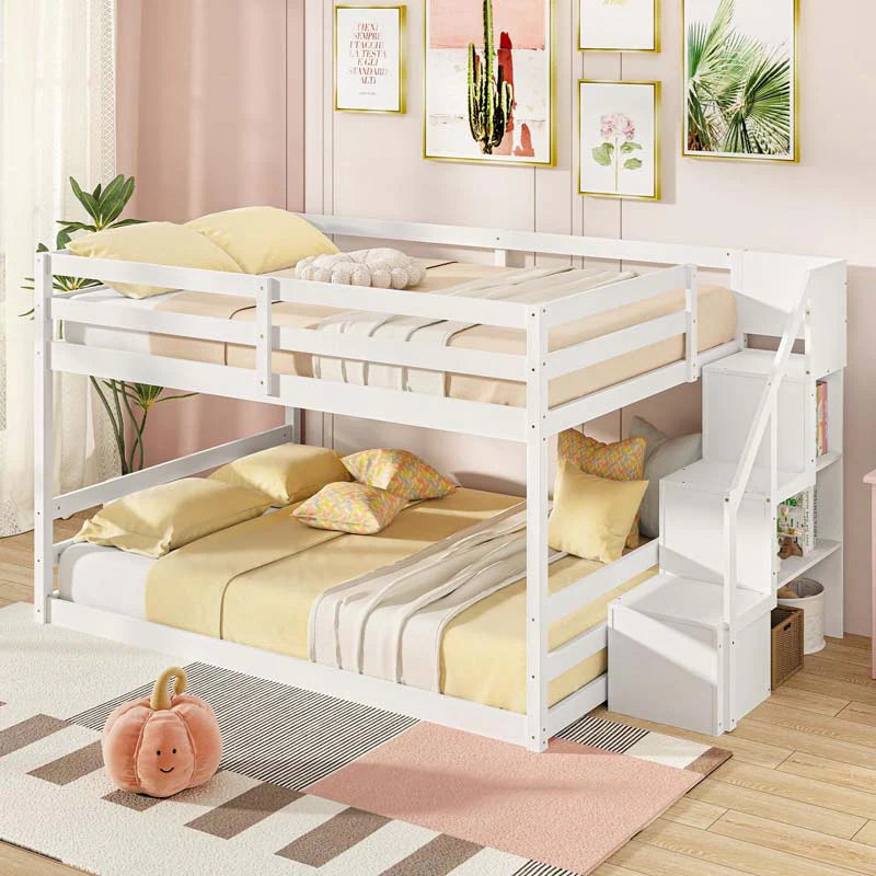 Full Over Full Bunk Bed with Storage Stairs, Solid Wood Floor Bunk Bed with Full-Length Guardrails - Product image 1