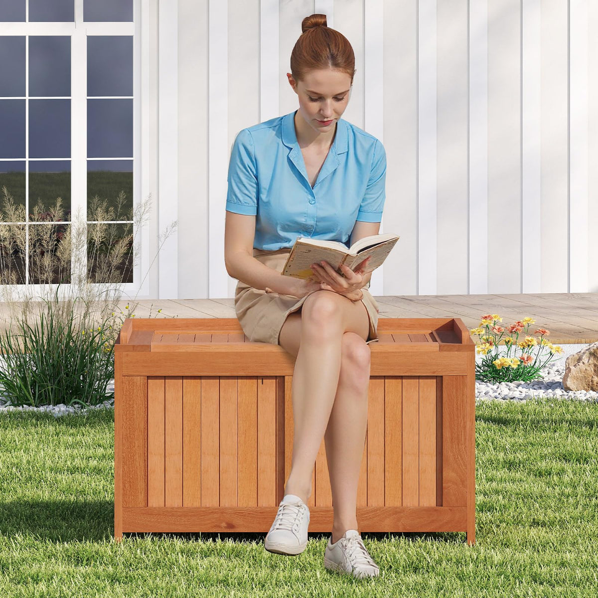 Tangkula 3-in-1 52 Gallon Wood Outdoor Storage Box - Product image 9