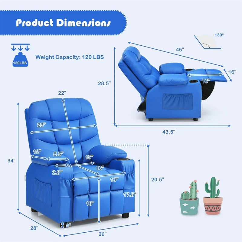 Kids Recliner Chair PU Leather Adjustable Lounge Sofa with Cup Holder, 3 Pockets & Retractable Footrest - Product image 46