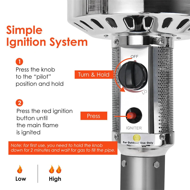 50, 000 BTU Propane Patio Heater, Standing Stainless Steel Outdoor Heater with Wheels, Triple Protection - Product image 44
