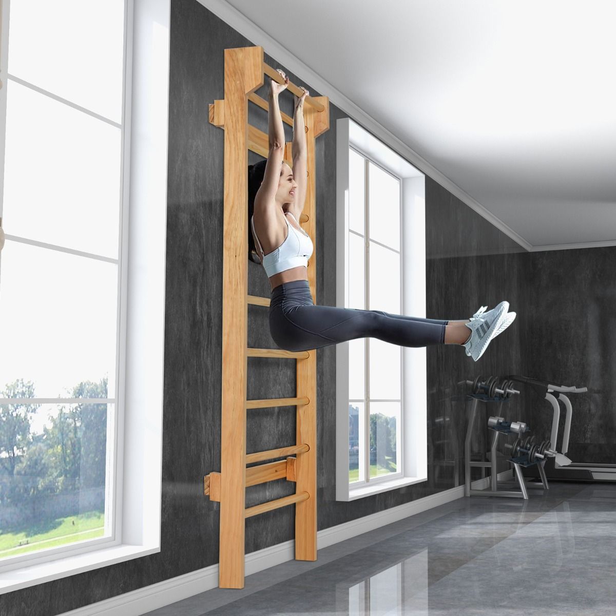 Wall-mounted wall bars Gymnastics wall bars Capacity 150 kg Bar diameter 3.3 cm in pine wood 195x80x14cm Natural -