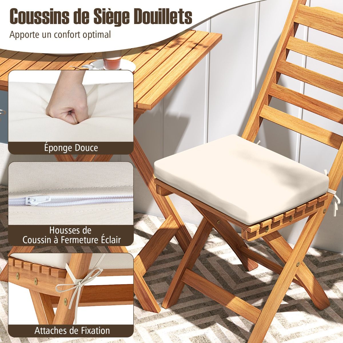 Acacia Wood Outdoor Bistro Set Folding Chairs and Table Set High Back Armless Seat Cushions White -