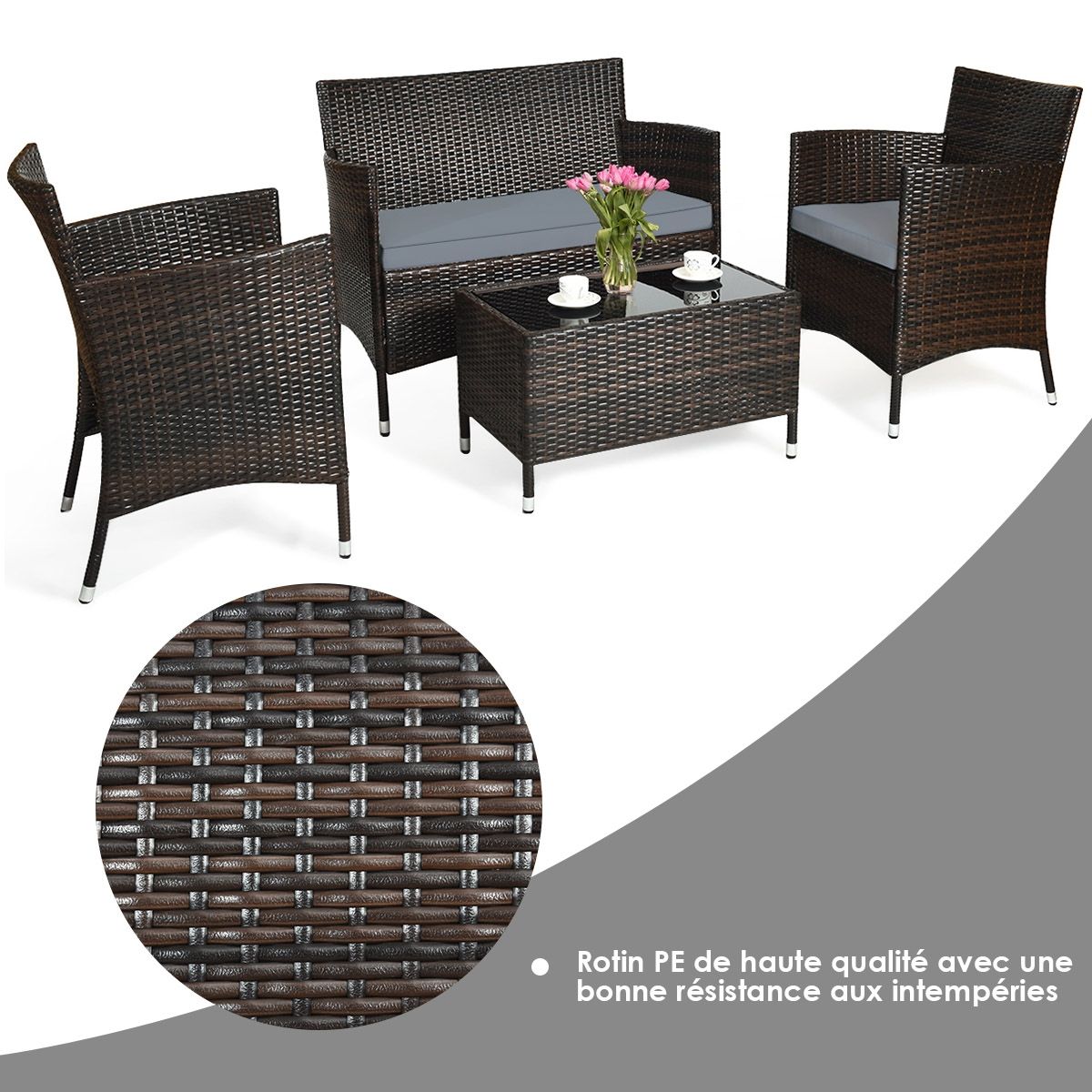 Garden Furniture 4 PCS PE Rattan Terrace Furniture for Veranda Patio Terrace Swimming Pool Brown and Gray -