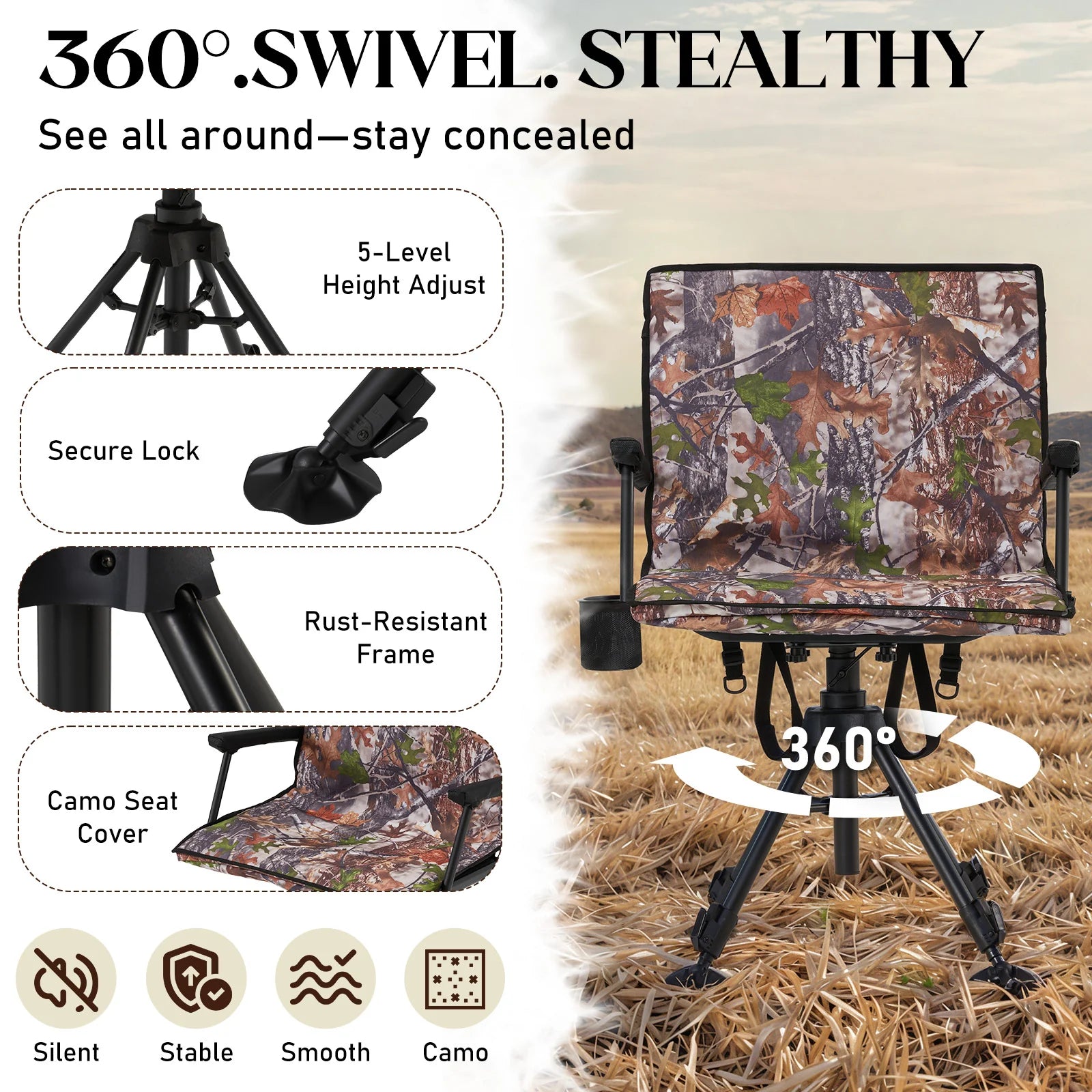 AECOJOY 360 Degree Silent Swivel Hunting Blind Chair with Bottle Rack, Adjustable Height Camo Portable Foldable Outdoor Hunting and Fishing Chair