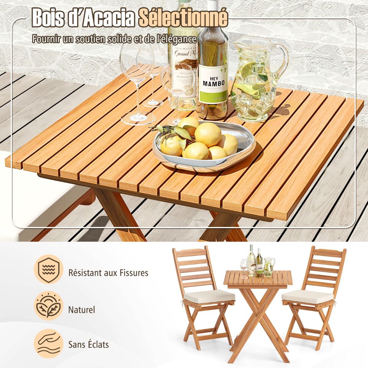 Acacia Wood Outdoor Bistro Set Folding Chairs and Table Set High Back Armless Seat Cushions White -