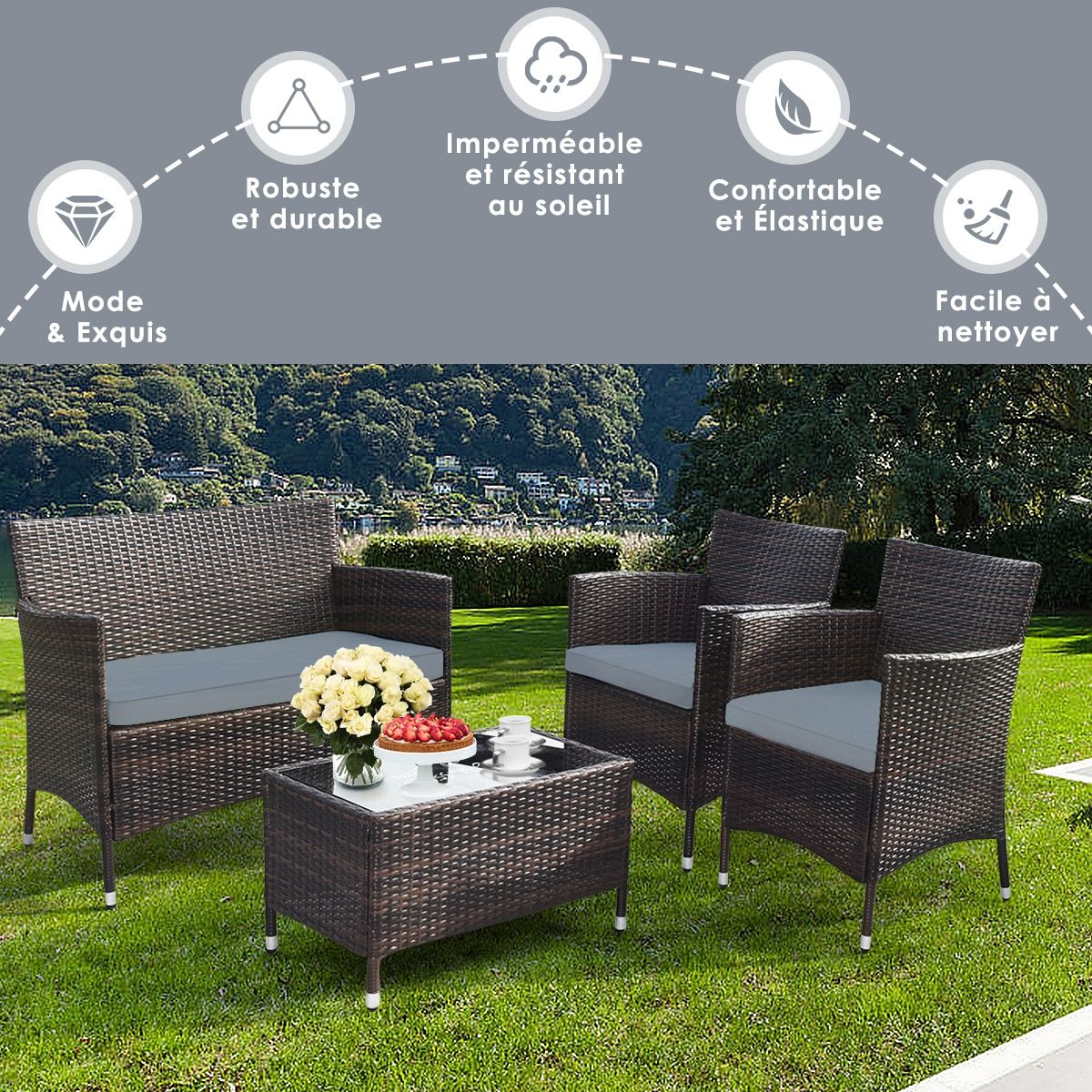 Garden Furniture 4 PCS PE Rattan Terrace Furniture for Veranda Patio Terrace Swimming Pool Brown and Gray -
