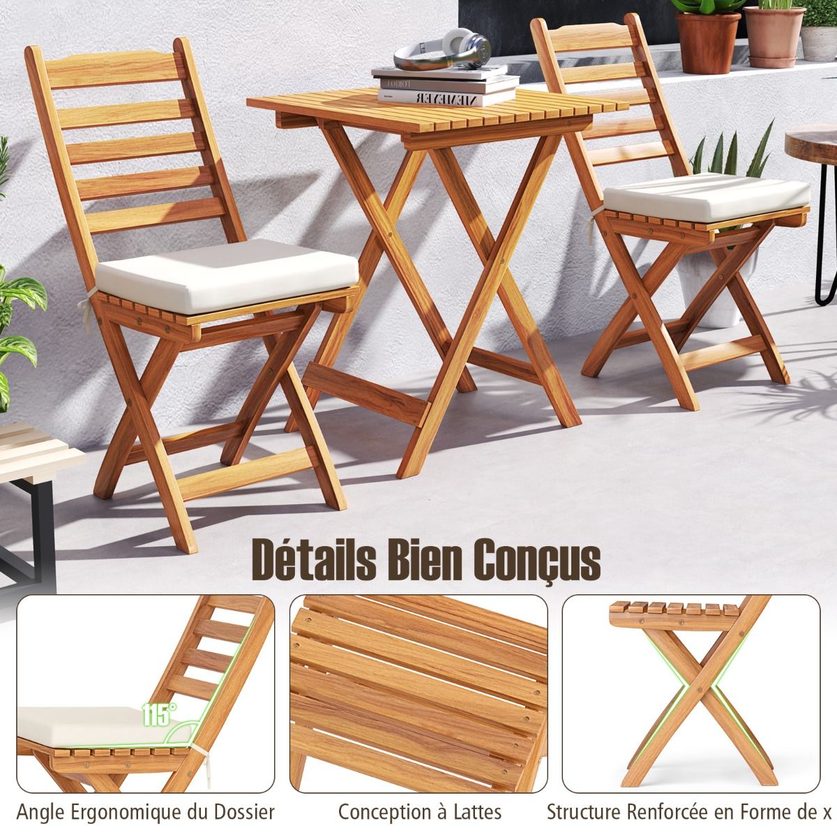 Acacia Wood Outdoor Bistro Set Folding Chairs and Table Set High Back Armless Seat Cushions White -