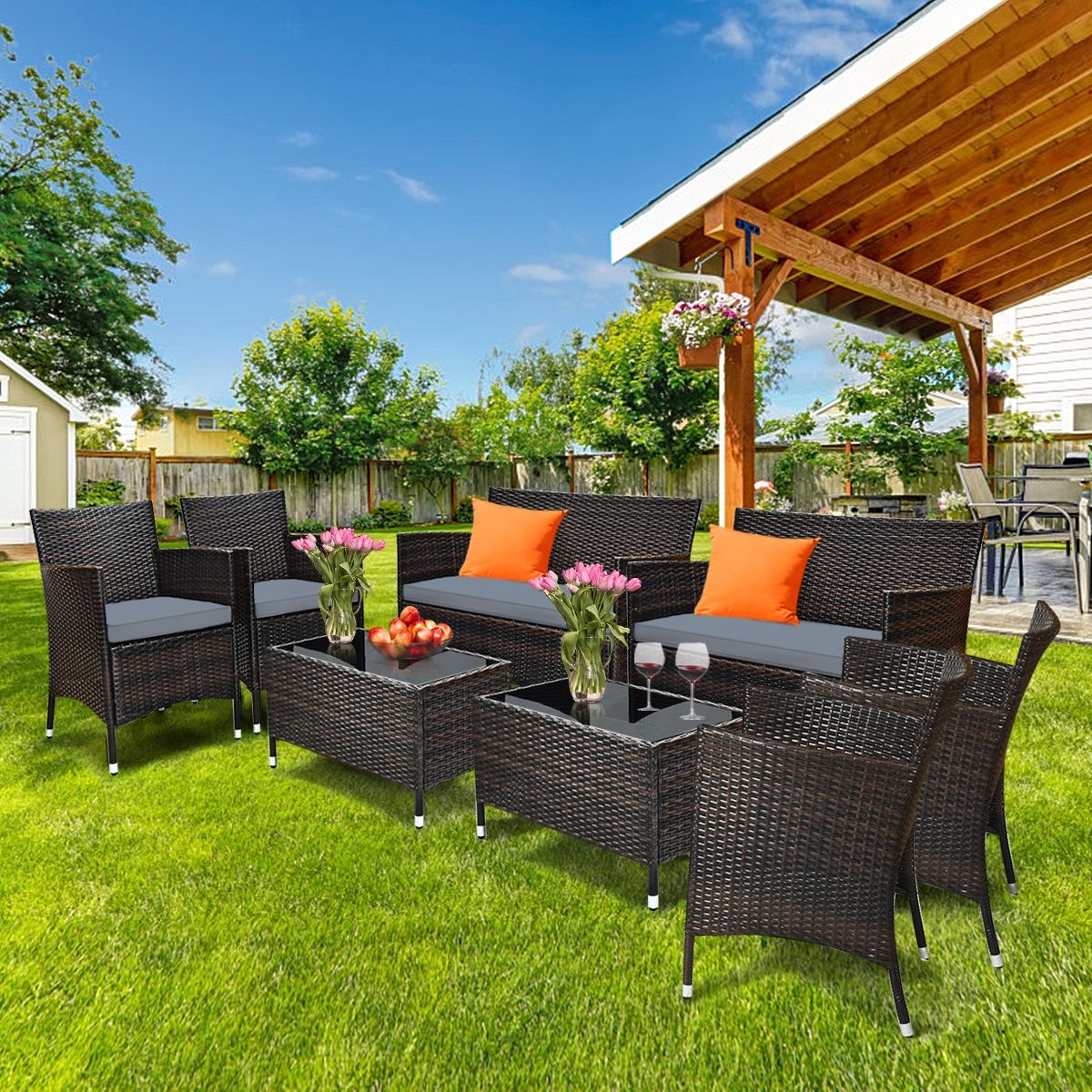 Garden Furniture 4 PCS PE Rattan Terrace Furniture for Veranda Patio Terrace Swimming Pool Brown and Gray -