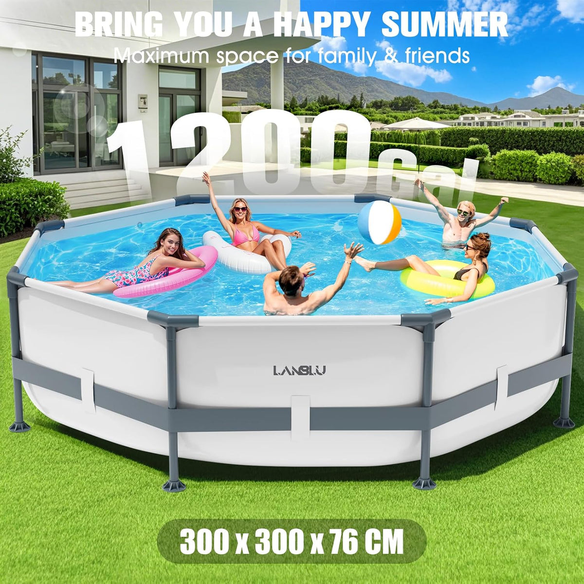 Round Tubular Swimming Pool 300 x 300 x 76cm, Round Above Ground Swimming Pool with Puncture-Proof Material, Large Steel Frame Swimming Pools for Adults Quick Draining, Garden Tubular Swimming Pools for the Whole Family