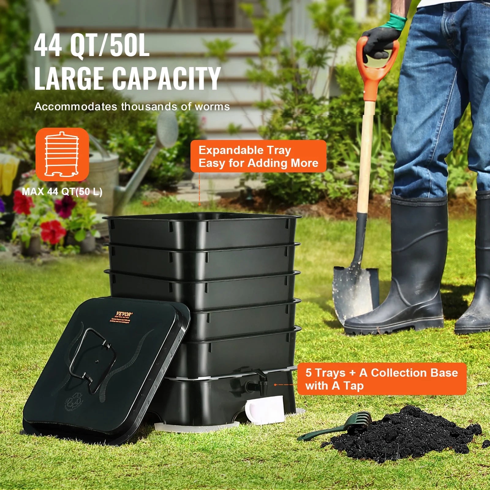 VEVOR 5 - Tray Worm Composter, 50 L Worm Compost Bin Outdoor and Indoor, Sustainable Design Worm Farm Kit - Product image 3