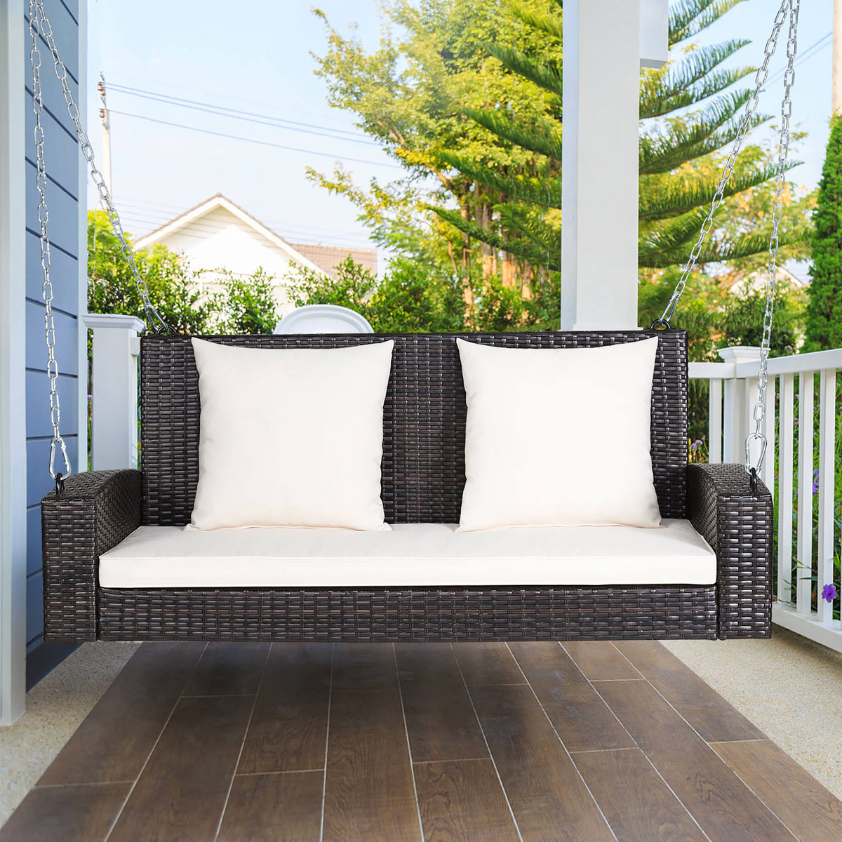 Costway 2-Person Patio Rattan Hanging Porch Swing Bench Chair Black Cushion - Product image 1