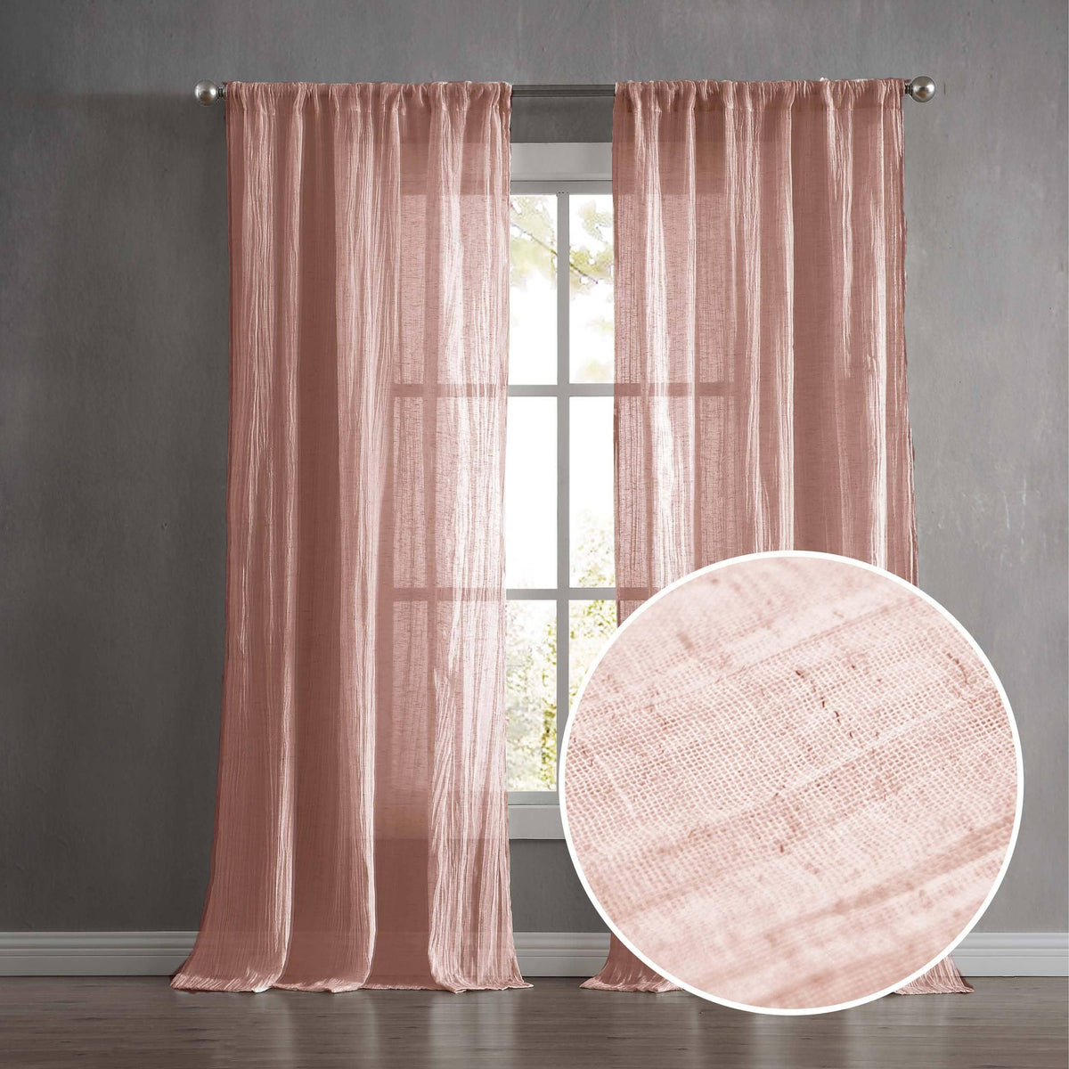 French Connection Charter Crushed Semi-Sheer Rod Pocket Window Curtain Pair, 96" x 50" - Dusty Pink - Product image 1