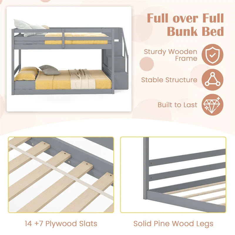 Full Over Full Bunk Bed with Storage Stairs, Solid Wood Floor Bunk Bed with Full-Length Guardrails - Product image 16