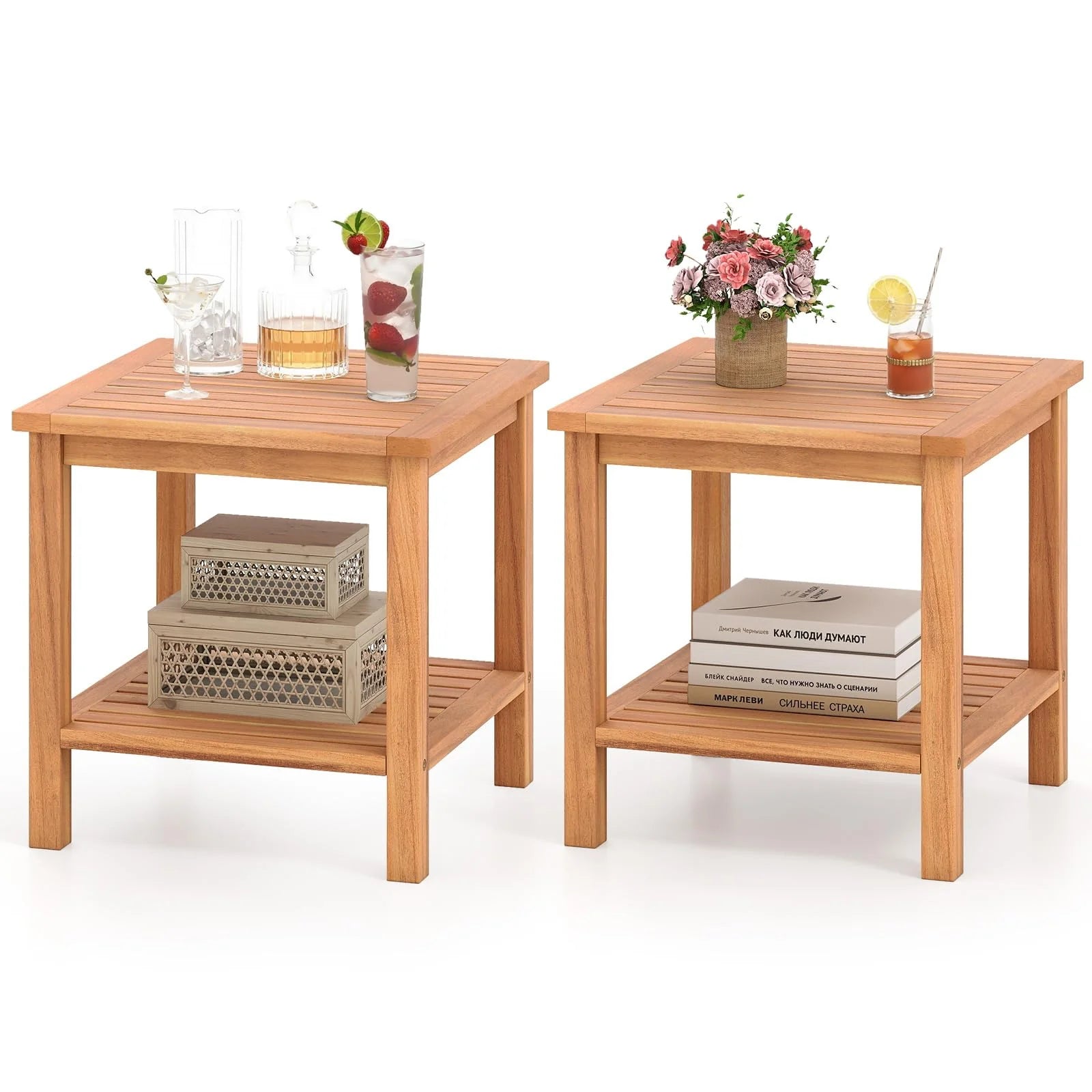 Tangkula 2 Tier Acacia Wood Square End Table with Slatted Tabletop & Storage Shelf - Product image 10