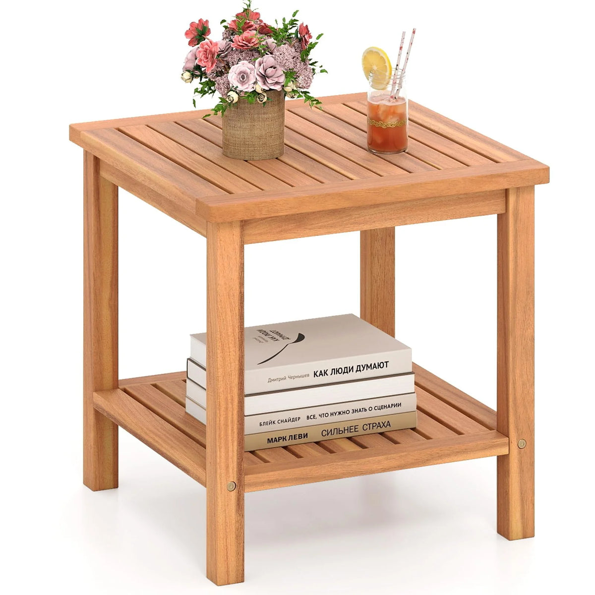 Tangkula 2 Tier Acacia Wood Square End Table with Slatted Tabletop & Storage Shelf - Product image 1