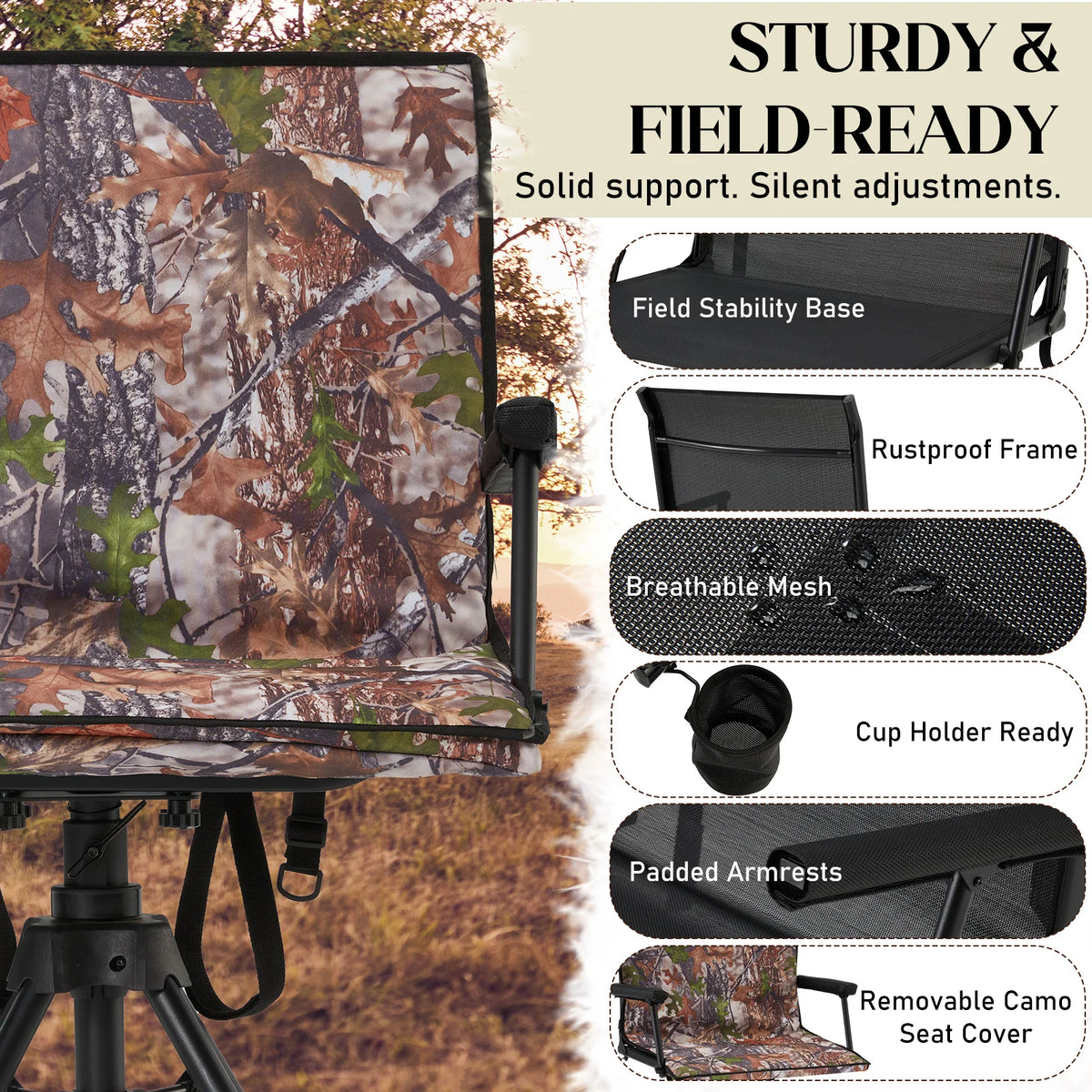 AECOJOY 360 Degree Silent Swivel Hunting Blind Chair with Bottle Rack, Adjustable Height Camo Portable Foldable Outdoor Hunting and Fishing Chair