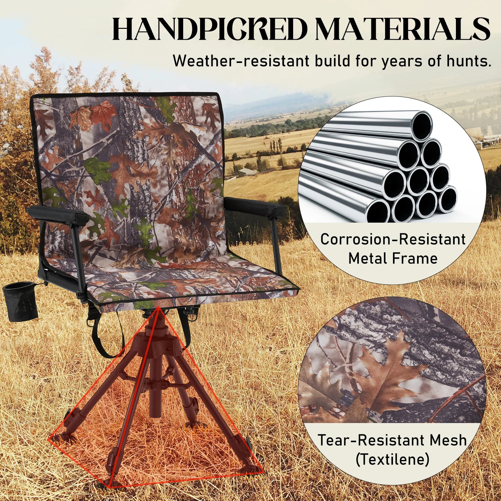 AECOJOY 360 Degree Silent Swivel Hunting Blind Chair with Bottle Rack, Adjustable Height Camo Portable Foldable Outdoor Hunting and Fishing Chair
