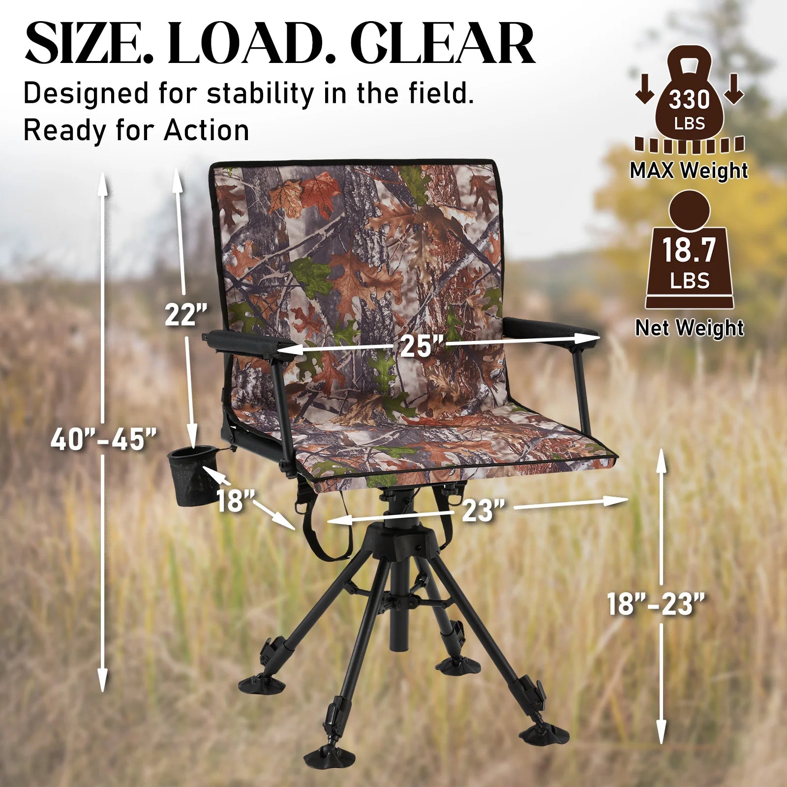 AECOJOY 360 Degree Silent Swivel Hunting Blind Chair with Bottle Rack, Adjustable Height Camo Portable Foldable Outdoor Hunting and Fishing Chair