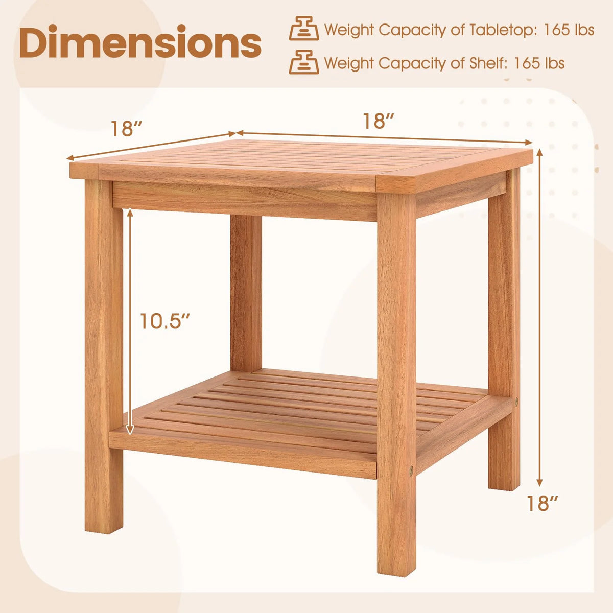 Tangkula 2 Tier Acacia Wood Square End Table with Slatted Tabletop & Storage Shelf - Product image 3