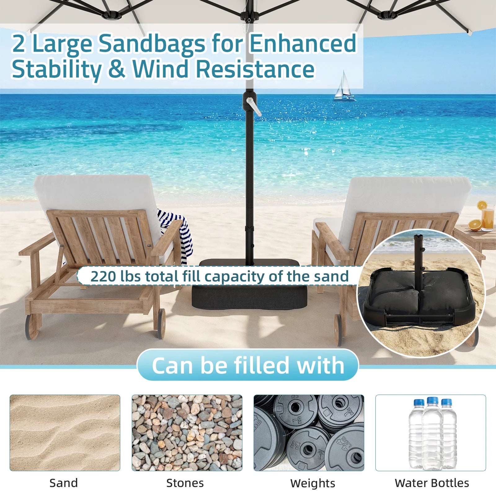 AECOJOY Patio Umbrella Base, 220 lbs Heavy Duty Sand Filled Weighted Umbrella Stand with 2 Sandbags - Product image 6