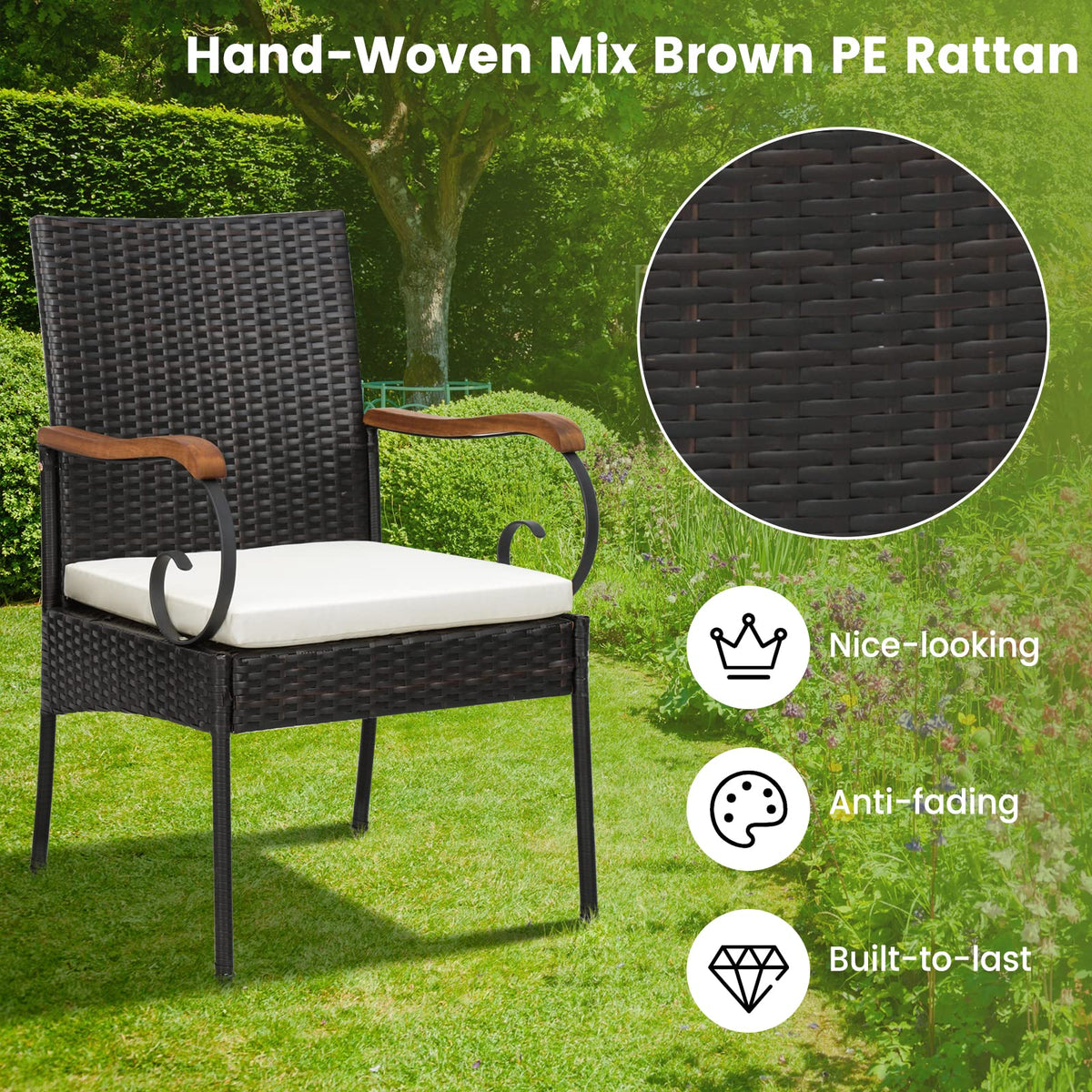 Set of 2, Outdoor PE Rattan Chairs with Soft Zippered Cushion, Heavy-Duty Metal Frame & All-Weather Wicker - Product image 7