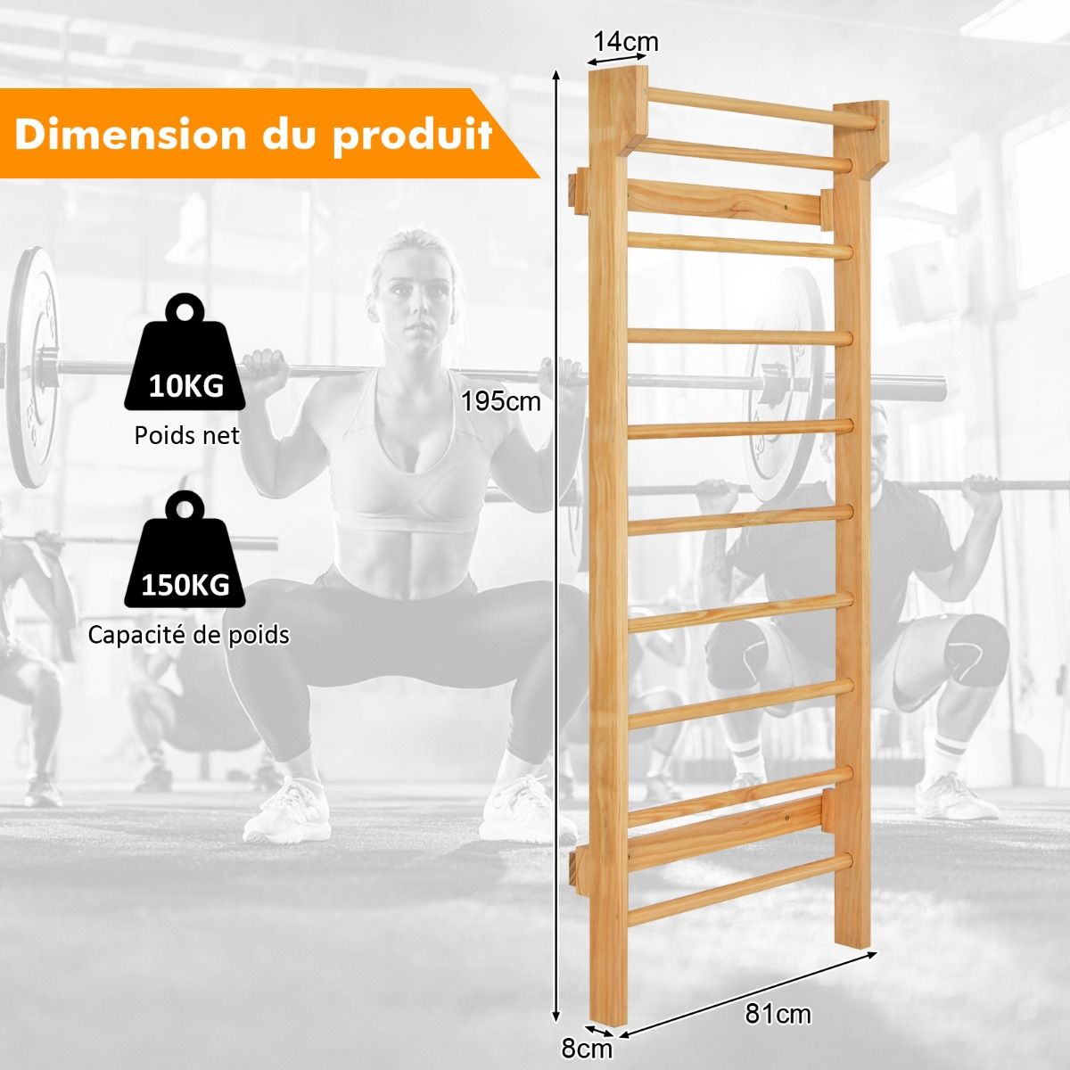 Wall-mounted wall bars Gymnastics wall bars Capacity 150 kg Bar diameter 3.3 cm in pine wood 195x80x14cm Natural -