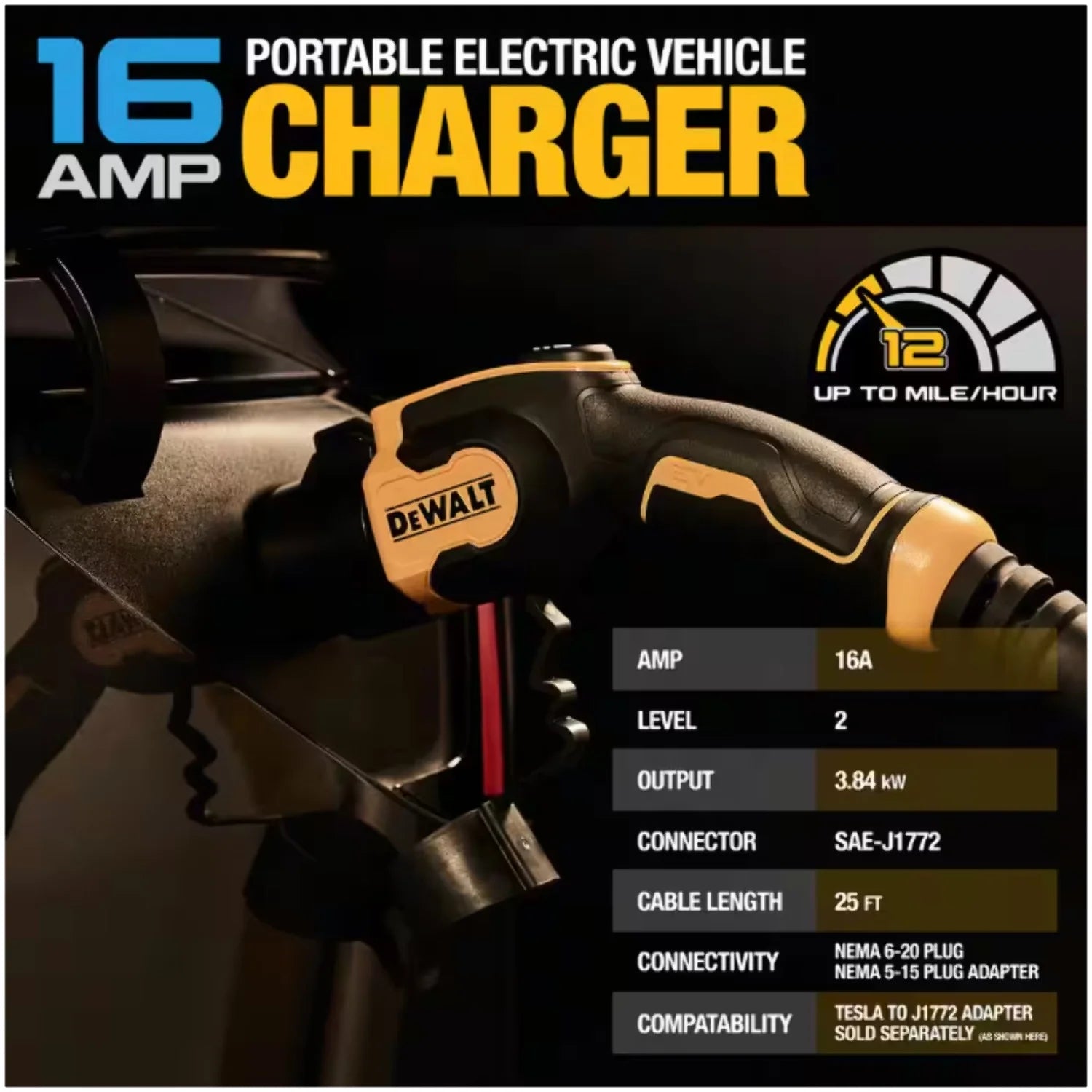 DEWALT Level - 2 Portable Electric Vehicle EV Charger up to 16 Amps, 120 - 240 - Volt AC 3.8 KW, 25 Ft - Product image 5