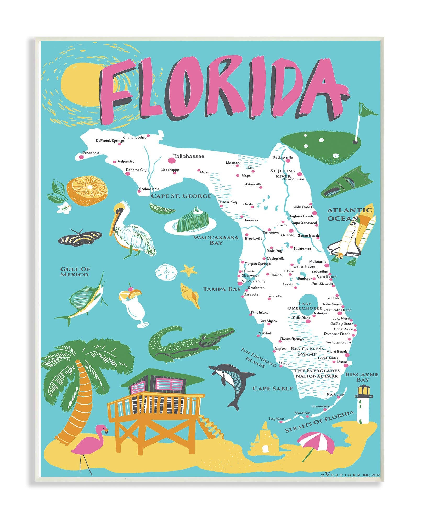 The Stupell Home Decor Collection Florida Teal Blue and Pink Illustrated scenic Map Poster Wall Plaque Art - Product image 1