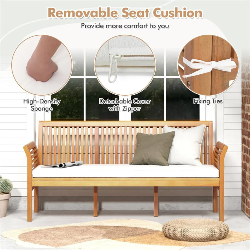 62.5" Outdoor Acacia Wood Bench with Removable Cushion, 3-Person Patio Garden Bench with High Backrest & - Product image 8