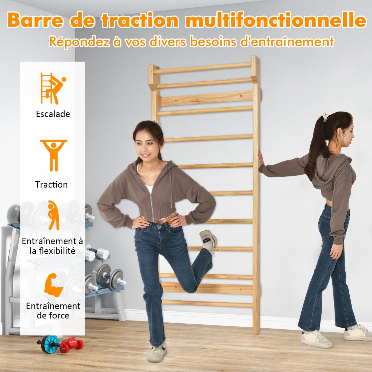 Wall-mounted wall bars Gymnastics wall bars Capacity 150 kg Bar diameter 3.3 cm in pine wood 195x80x14cm Natural -