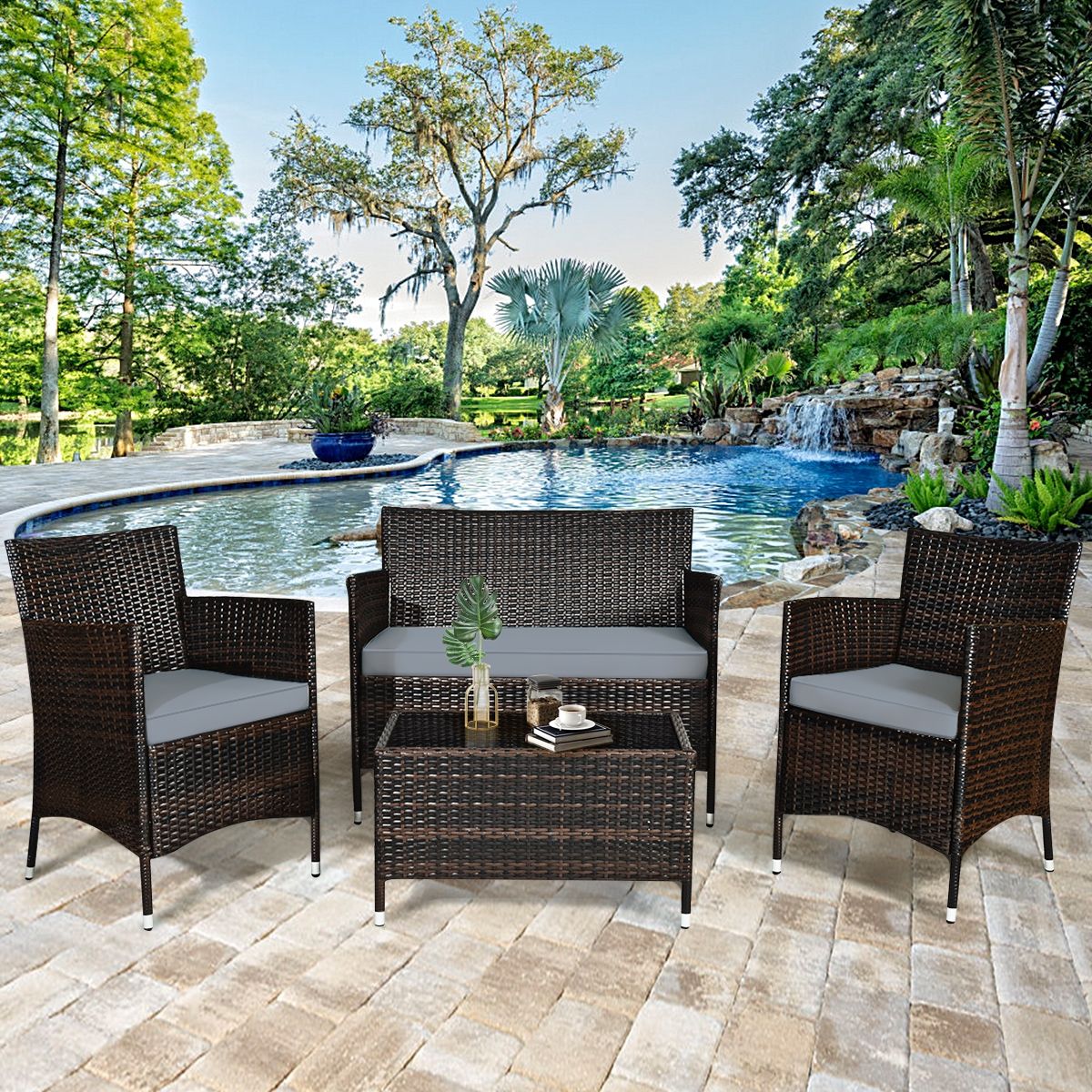 Garden Furniture 4 PCS PE Rattan Terrace Furniture for Veranda Patio Terrace Swimming Pool Brown and Gray -