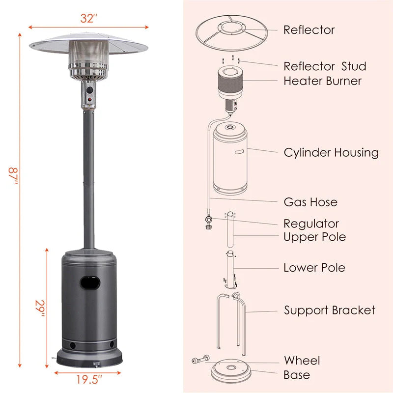 50, 000 BTU Propane Patio Heater, Standing Stainless Steel Outdoor Heater with Wheels, Triple Protection - Product image 41