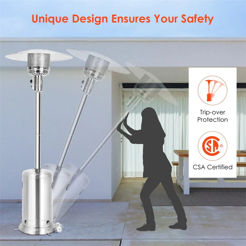 50, 000 BTU Propane Patio Heater, Standing Stainless Steel Outdoor Heater with Wheels, Triple Protection - Product image 17