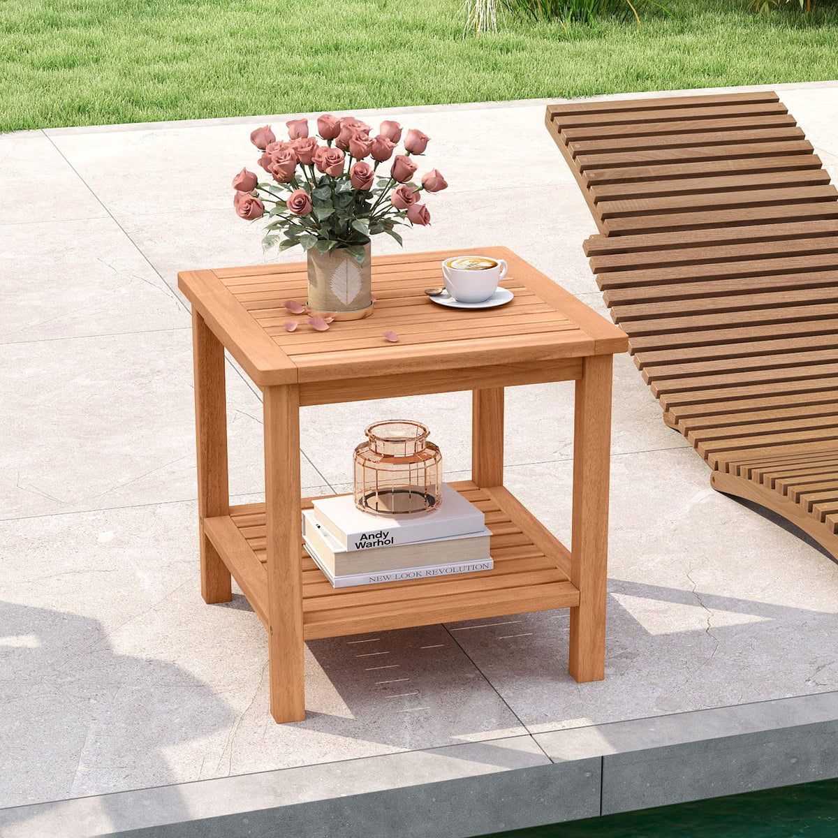 Tangkula 2 Tier Acacia Wood Square End Table with Slatted Tabletop & Storage Shelf - Product image 2