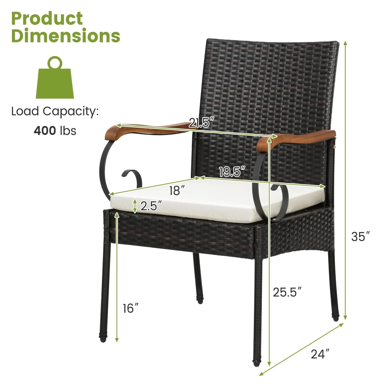 Set of 2, Outdoor PE Rattan Chairs with Soft Zippered Cushion, Heavy-Duty Metal Frame & All-Weather Wicker - Product image 3