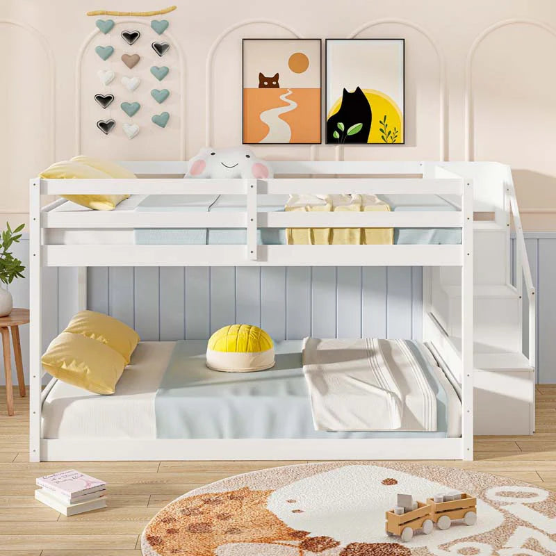 Full Over Full Bunk Bed with Storage Stairs, Solid Wood Floor Bunk Bed with Full-Length Guardrails - Product image 3