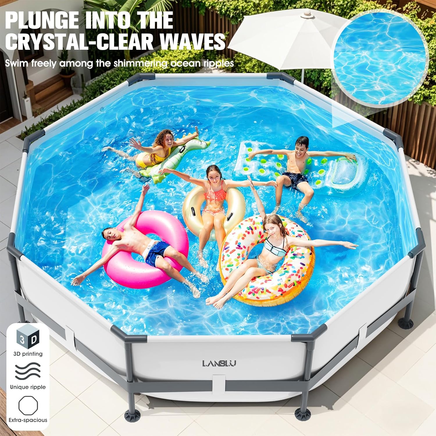 Round Tubular Swimming Pool 300 x 300 x 76cm, Round Above Ground Swimming Pool with Puncture-Proof Material, Large Steel Frame Swimming Pools for Adults Quick Draining, Garden Tubular Swimming Pools for the Whole Family