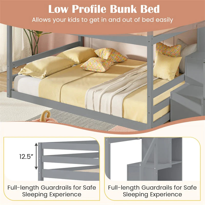 Full Over Full Bunk Bed with Storage Stairs, Solid Wood Floor Bunk Bed with Full-Length Guardrails - Product image 15