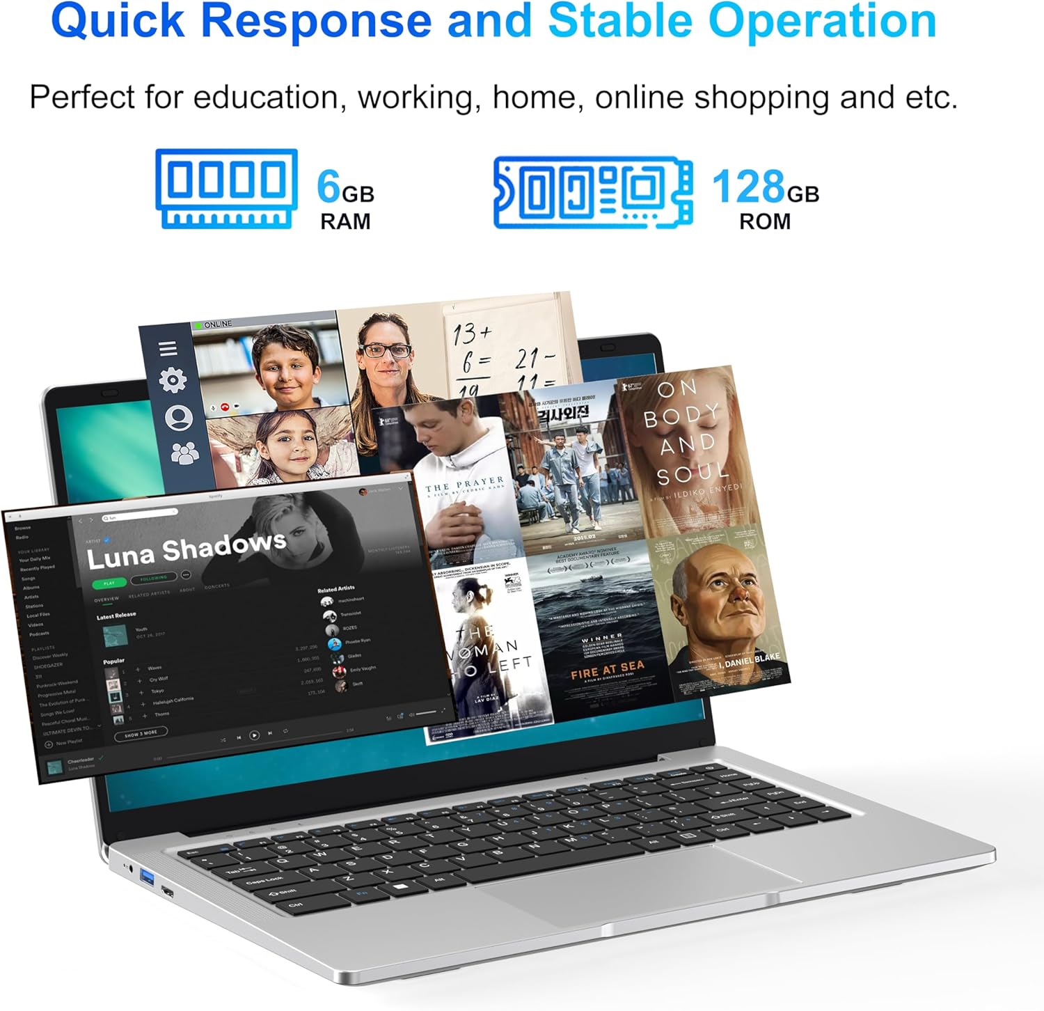 Laptop 14 1" inch laptop 6 GB RAM 128 GB SSD N4000 Celeron Dual-Core Wi-Fi Bluetooth 2 4/5 0G 1366 * 768 IPS Fanless design Includes Membrane Keyboard Mouse.