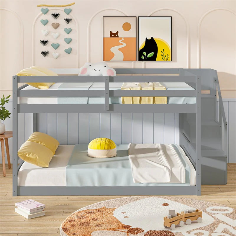 Full Over Full Bunk Bed with Storage Stairs, Solid Wood Floor Bunk Bed with Full-Length Guardrails - Product image 14