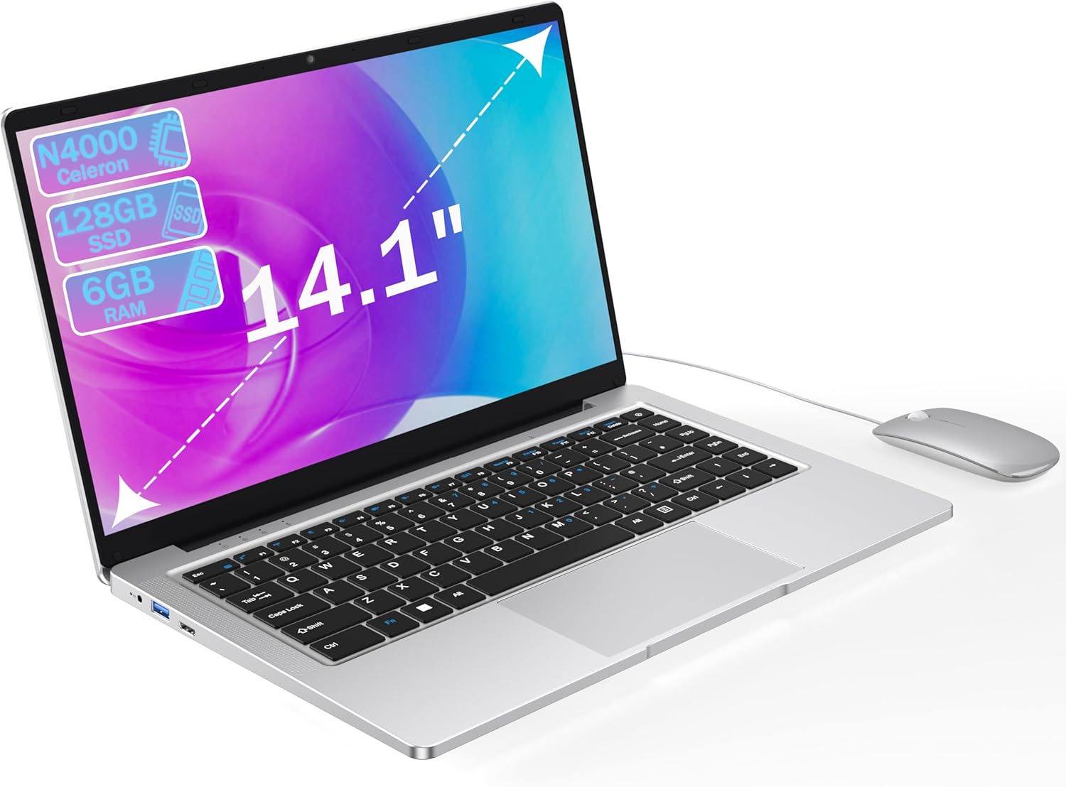 Laptop 14 1" inch laptop 6 GB RAM 128 GB SSD N4000 Celeron Dual-Core Wi-Fi Bluetooth 2 4/5 0G 1366 * 768 IPS Fanless design Includes Membrane Keyboard Mouse.
