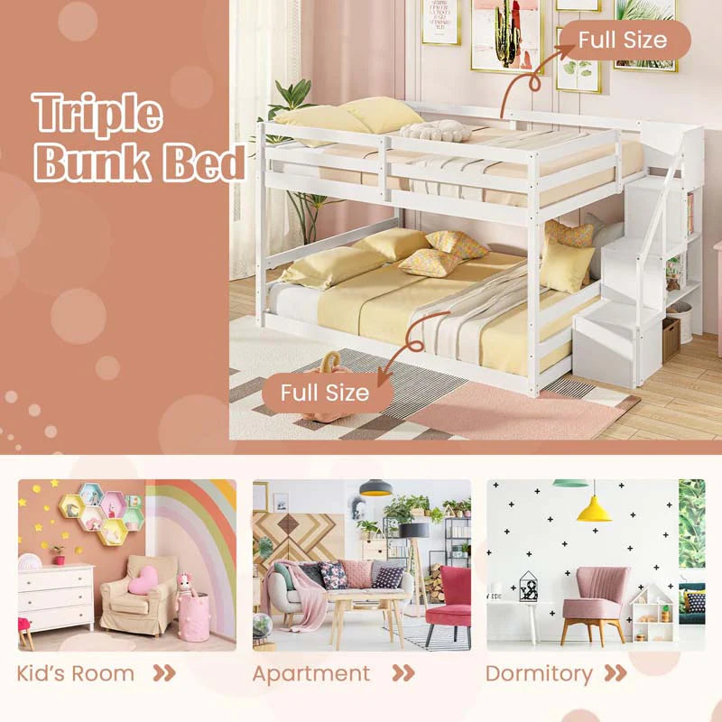 Full Over Full Bunk Bed with Storage Stairs, Solid Wood Floor Bunk Bed with Full-Length Guardrails - Product image 8