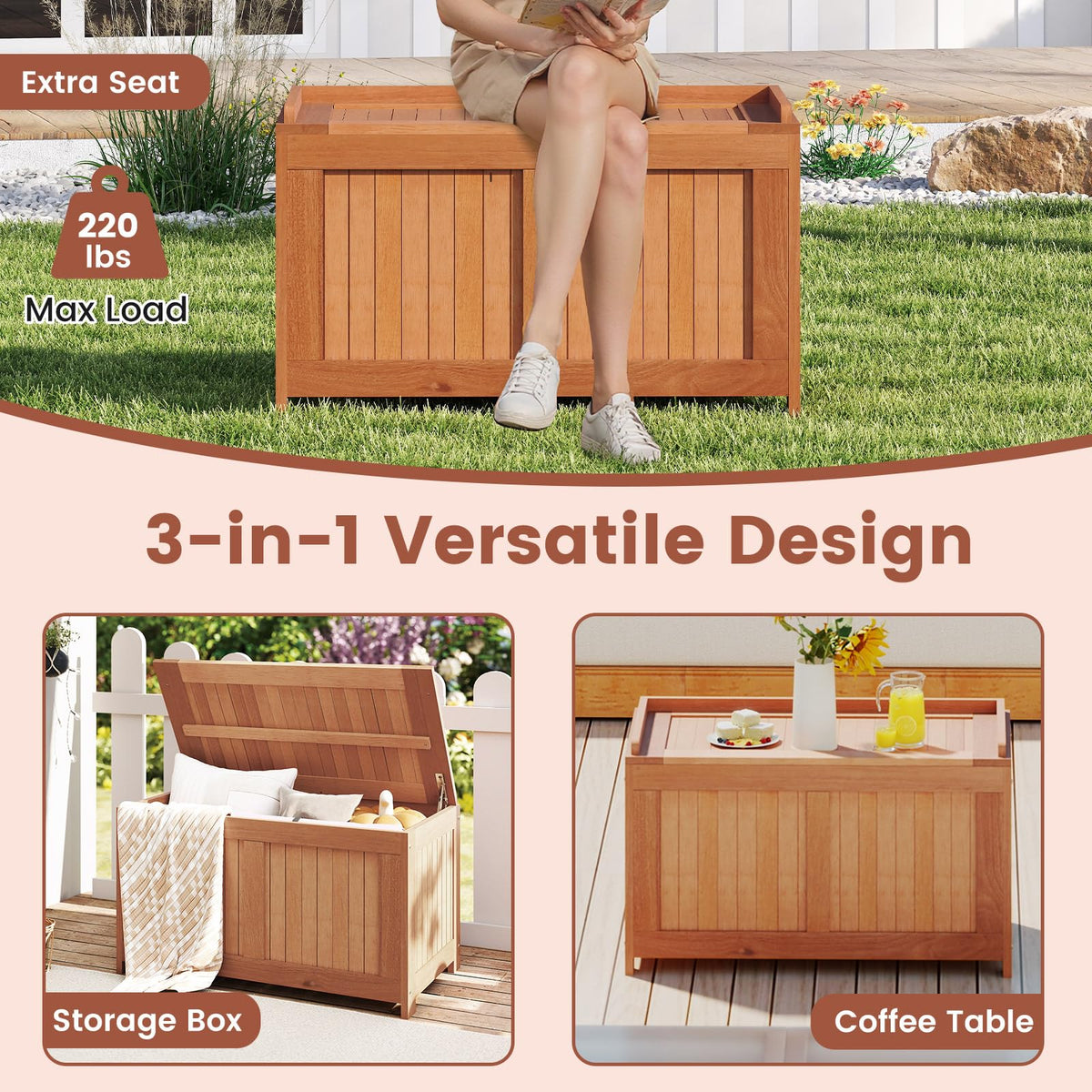 Tangkula 3-in-1 52 Gallon Wood Outdoor Storage Box - Product image 4