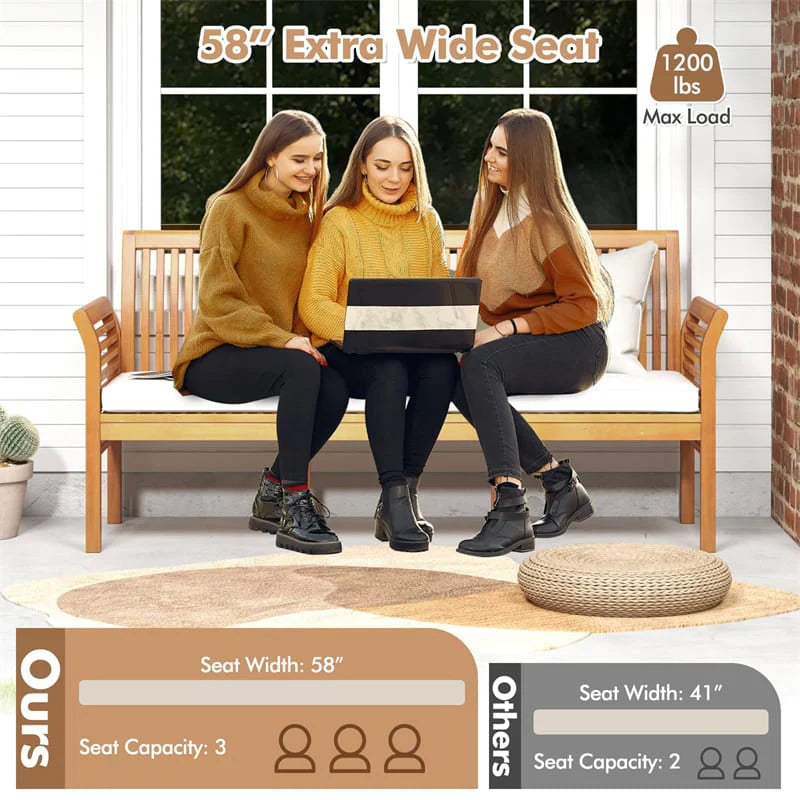 62.5" Outdoor Acacia Wood Bench with Removable Cushion, 3-Person Patio Garden Bench with High Backrest & - Product image 9